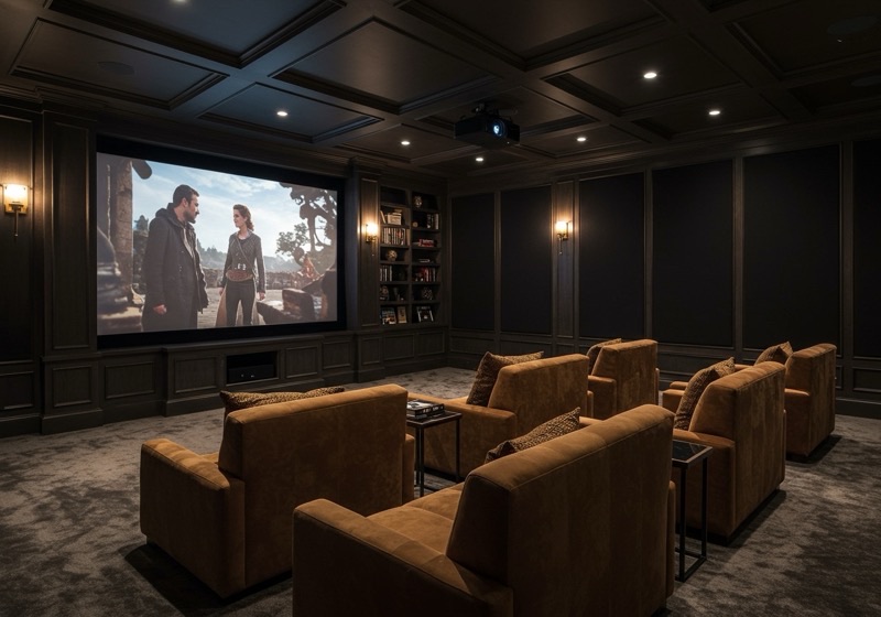 Home theater de luxo com poltronas premium, tela grande e projetor 4K para automação residencial KiWi