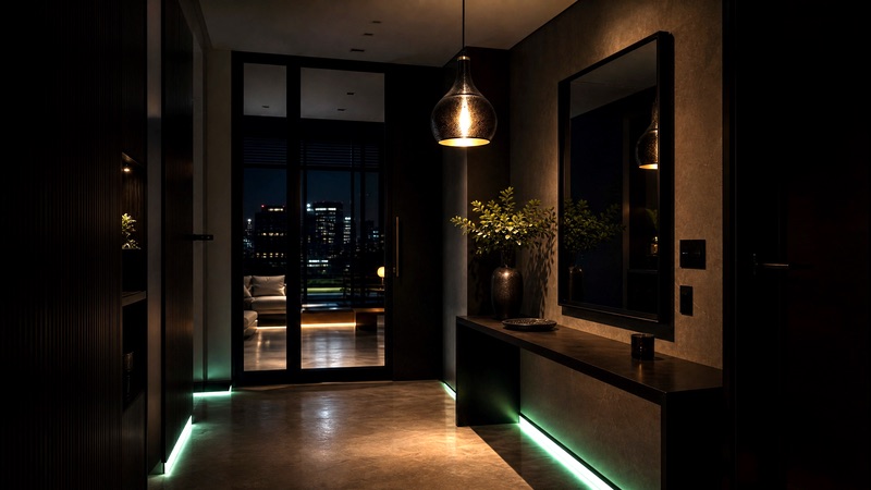 Entrada de casa inteligente com iluminação LED ambiente e automação residencial KiWi